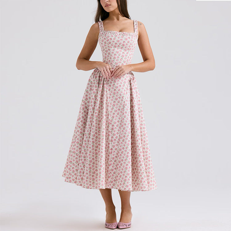 Elegant Off-the-Shoulder Backless Floral Print Dress Women's Floral
