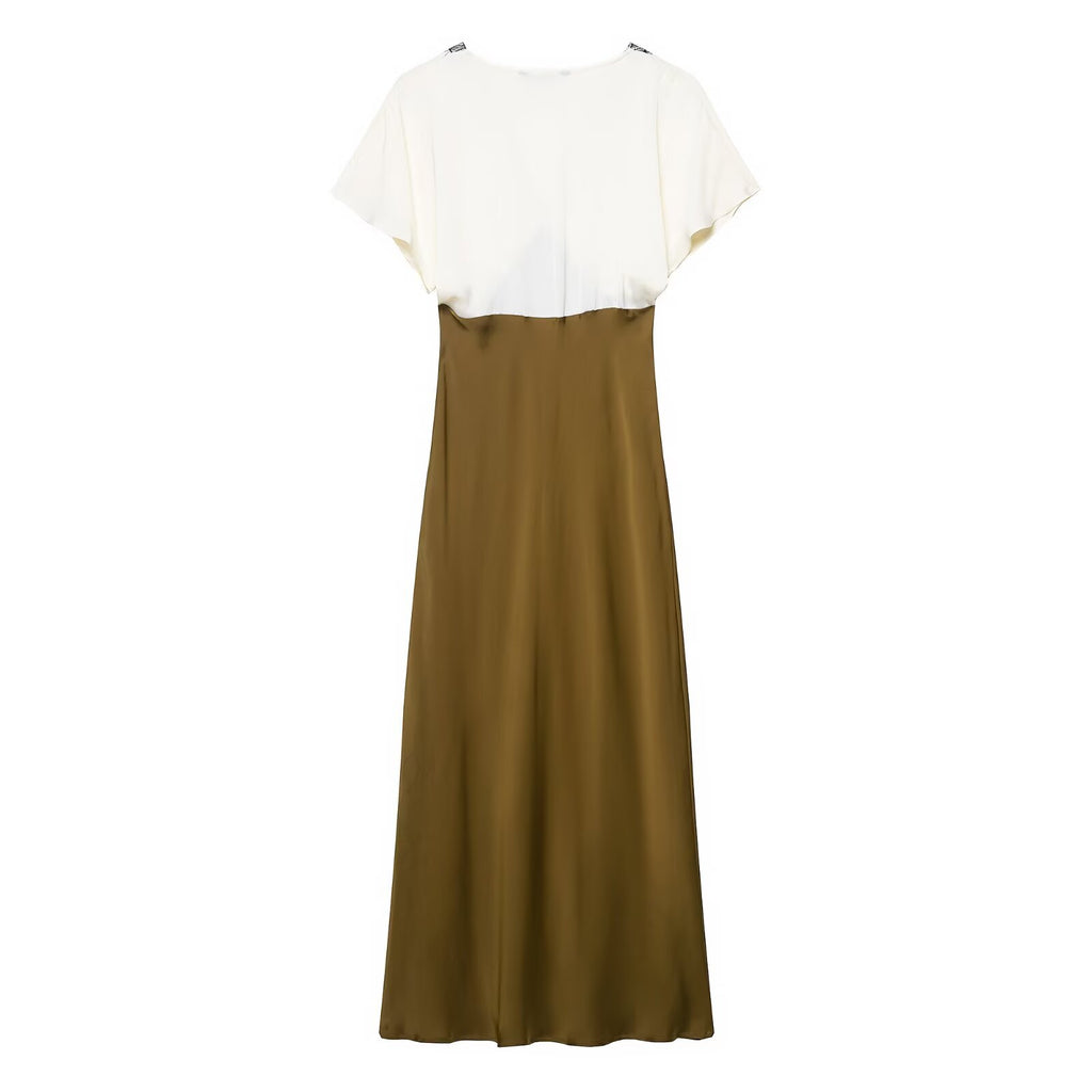V-neck short sleeved spliced waist A-line dress for women