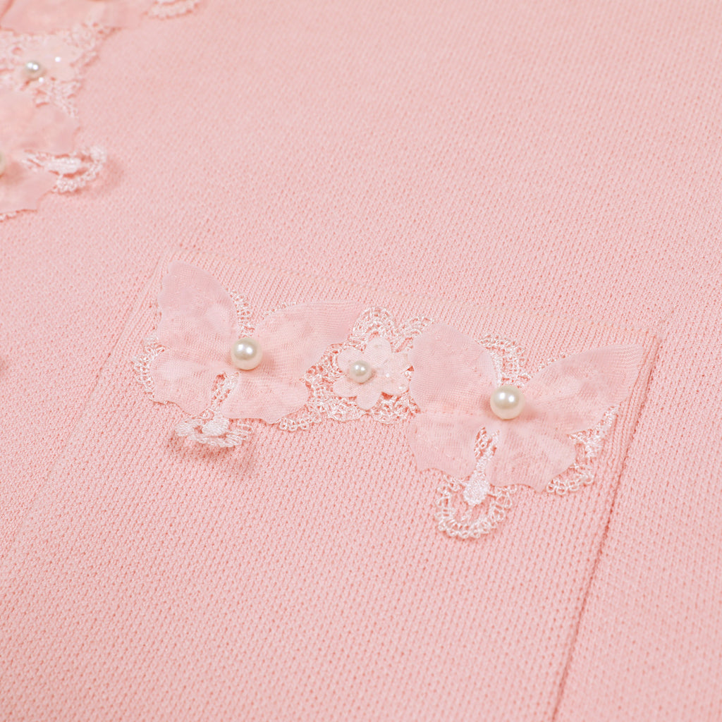 High-Quality Short Sleeve Elegant Beaded Floral Knit Top + Short Skirt Set