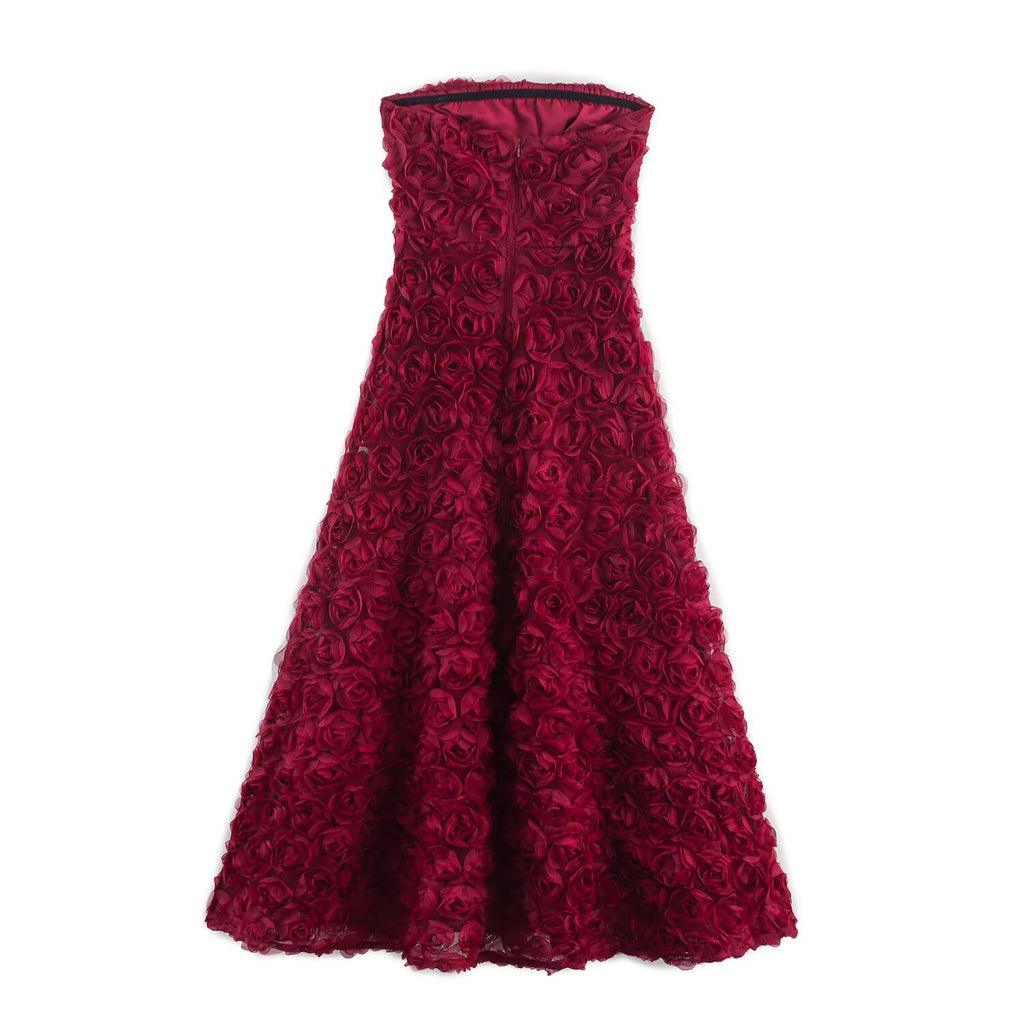 Temperament strapless collar sleeveless waist cinched three-dimensional flower dress for women