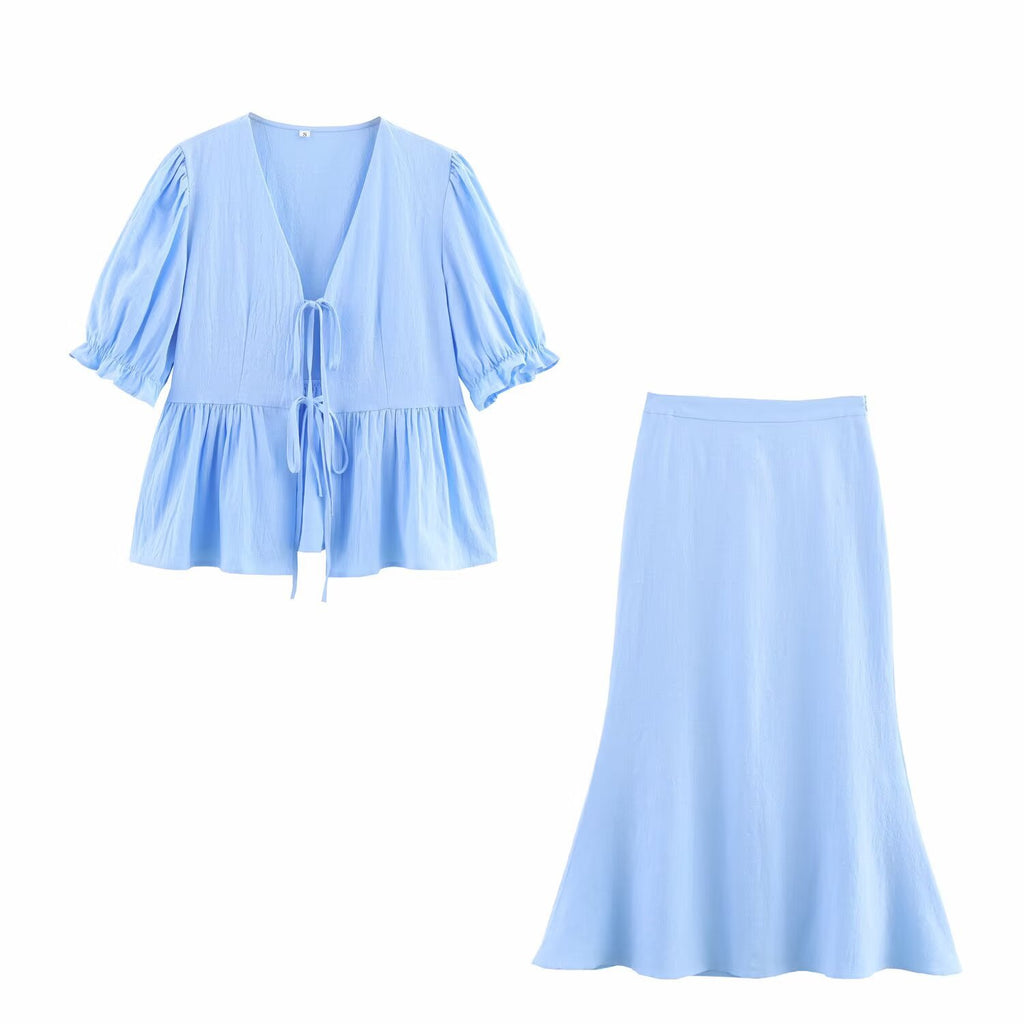 Women's Bubble Sleeve V-neck Tied Top and Skirt Set