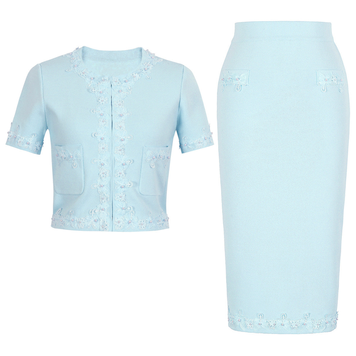 High-Quality Short Sleeve Elegant Beaded Floral Knit Top + Short Skirt Set