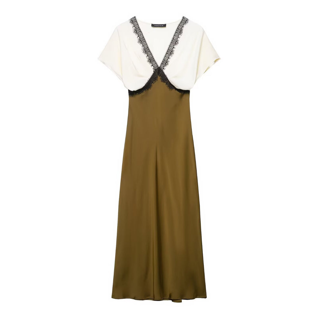 V-neck short sleeved spliced waist A-line dress for women