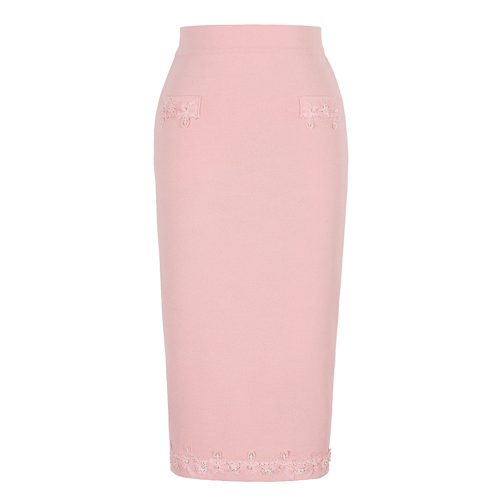 High-Quality Short Sleeve Elegant Beaded Floral Knit Top + Short Skirt Set