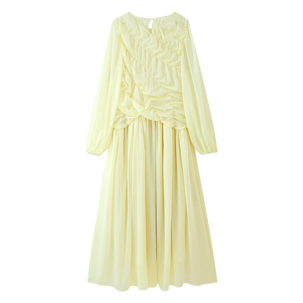Strapless collar long sleeved pleated waist dress for women