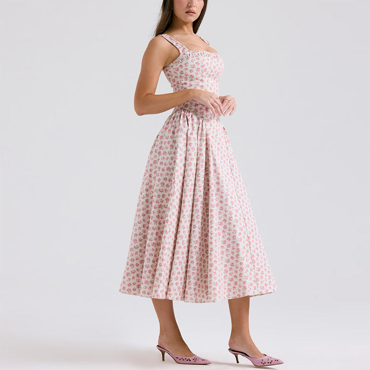 Elegant Off-the-Shoulder Backless Floral Print Dress Women's Floral