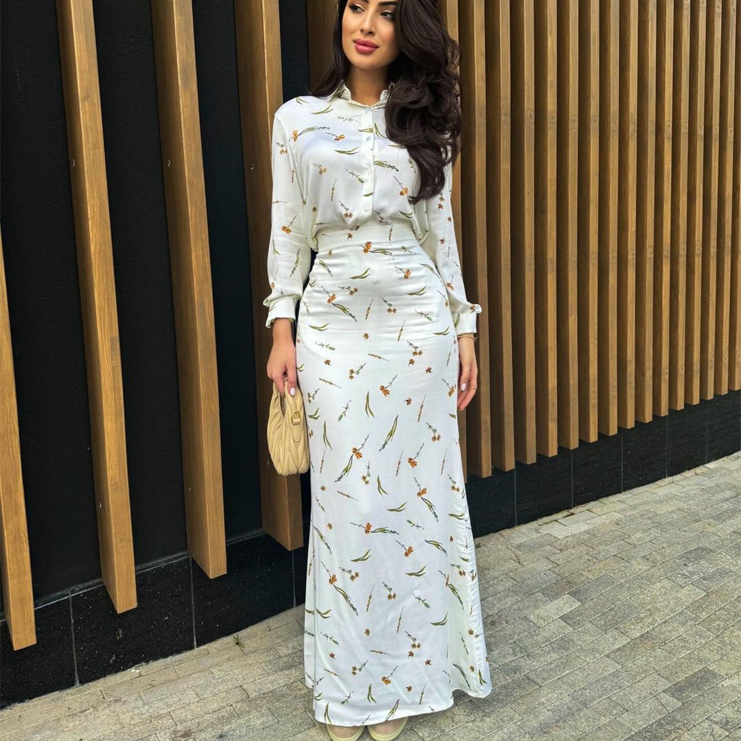 Suit Shirt and Skirt Set Women's Long Sleeve Printed Slim Dress