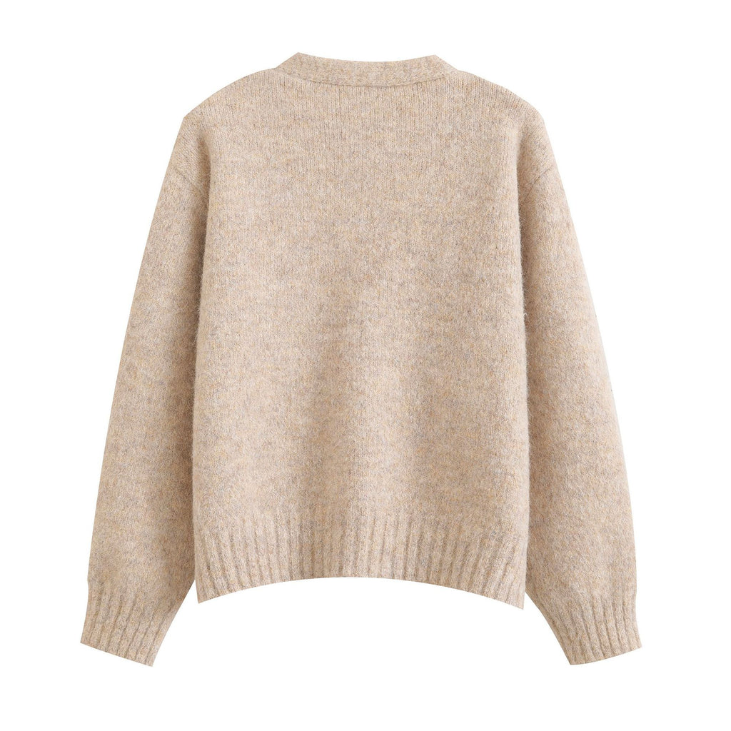 Retro mixed color V-neck soft and loose cardigan knit sweater